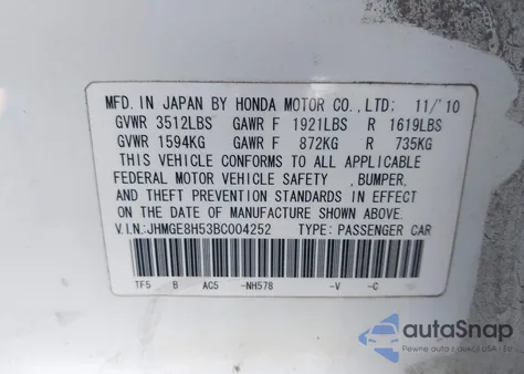 2011 Honda Fit Sport из США, поврежденный, VIN JHMGE8H53BC004252